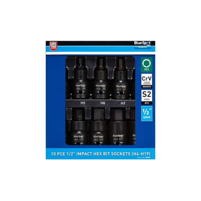 BLUE SPOT AUTOMOTIVE TOOLS 10 PCE 1/2" IMPACT HEX BIT SOCKETS (H4-H19)